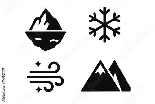 Winter icons: iceberg, snowflake, wind, mountain symbols in black and white