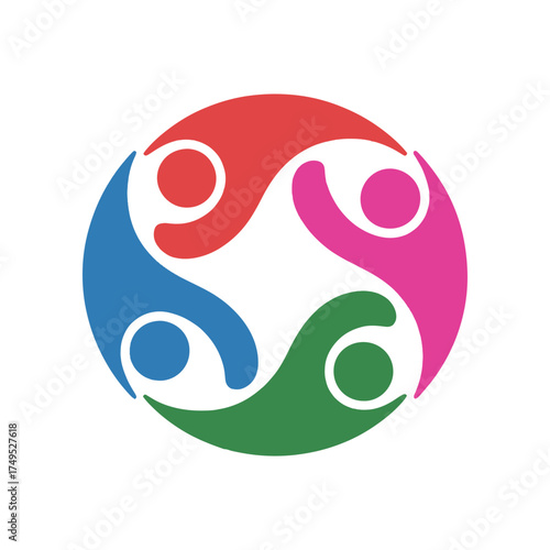 Four abstract figures in red blue pink and green embracing in a circle people