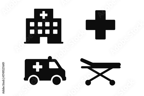 Medical icons: hospital, ambulance, cross, stretcher symbols on white background