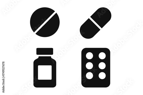 Black silhouettes of medicine: pill, capsule, bottle, blister pack icons on white background