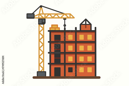 Illustrated construction of building with tower crane