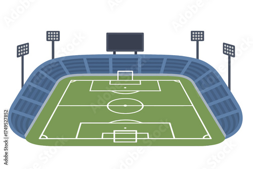 Modern soccer stadium with floodlights and green field