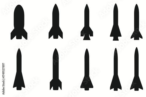 Collection of black rocket silhouettes in various shapes and sizes