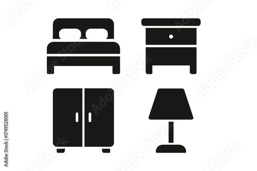 Minimalist bedroom furniture icons: bed, nightstand, wardrobe, lamp