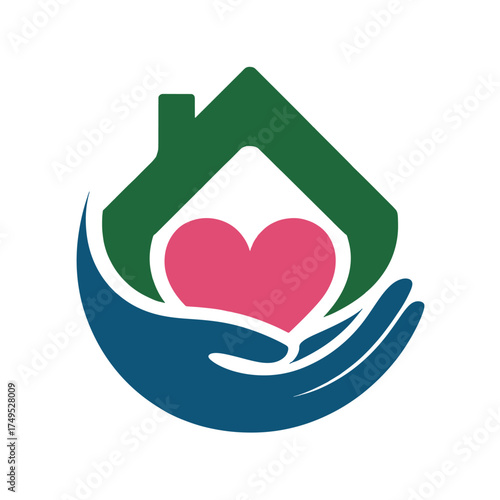 Green house roof over pink heart held by blue hands on white background home care