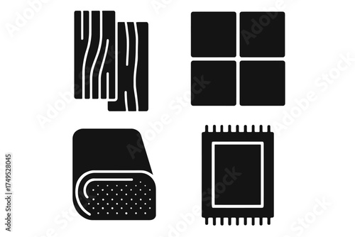 Set of four black silhouette icons: wood, window, sponge, microchip