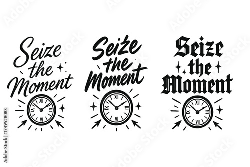 Elegant Calligraphy Variations. Seize the Moment. Create a calligraphy lettering illustration of the phrase: