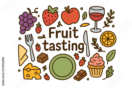 Fruit Tasting Doodles. Fruit tasting. Hand-drawn doodle illustration of Fruit tasting. grapes, strawberries,
