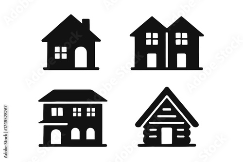 Collection of house silhouettes including single, double, cabin, and chalet designs