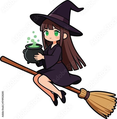 Cute Anime Witch Girl Flying on Broomstick Holding Bubbling Potion Cauldron Halloween Fantasy Character Art