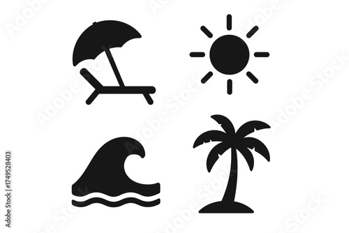 Beach icons: sun, wave, palm, lounger silhouettes in black