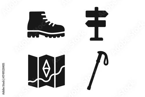 Hiking equipment icons: boot, signpost, map, walking stick in black silhouette