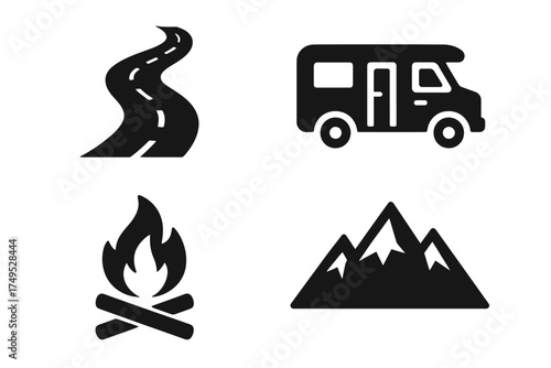 Road trip adventure icons: road, camper, campfire, mountain silhouettes