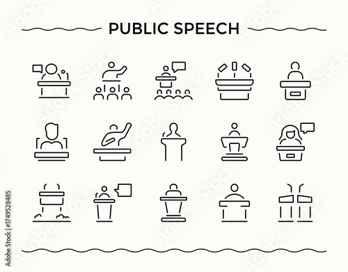 Public Speech icon set. Contains related to presentation, conference, dialog, speaking, speaker, speech, talk and more. Icons for website. Editable vector art. Conference icon set.