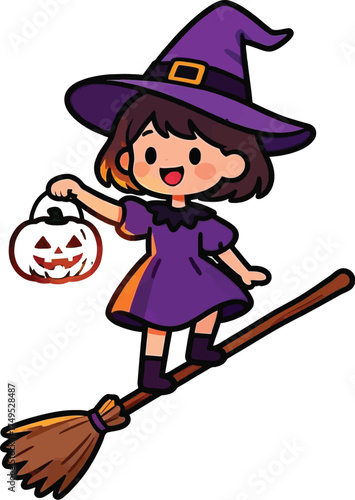 Cute Cartoon Witch Girl Flying on Broomstick with Pumpkin Jack o lantern for Halloween Celebration