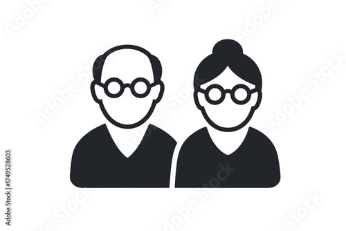 Minimalistic icon of elderly couple: bald male and female with glasses