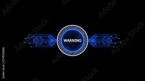 Glowing neon line HUD circle with warning circuit board and electronic details on dark backdrop with dotted halftone effect.Futuristic Circuit Board. Circuit Footage.