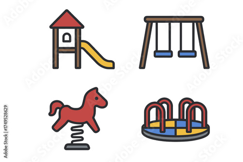 Colorful playground equipment including slide swing horse carousel
