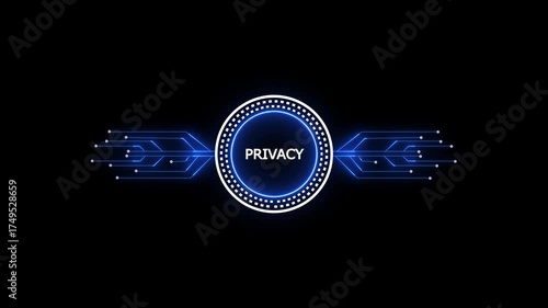 Glowing neon line HUD circle with privacy circuit board and electronic details on dark backdrop with dotted halftone effect.Futuristic Circuit Board. Circuit Footage.