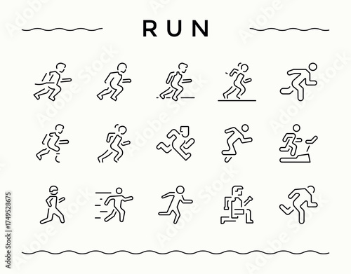 Run icon collection. Minimalist vector collections. Contains such icons as man, fitness, athlete, sport, training, lifestyle, jogging. Vector artwork and illustration. Runner icon set.