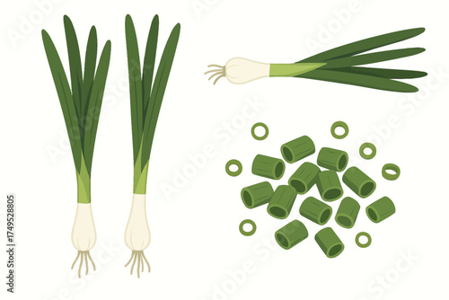 Fresh scallions and sliced green onions on white background