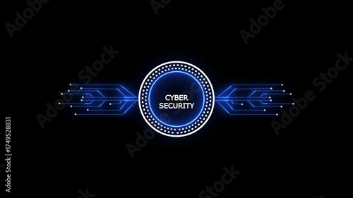 Glowing neon line HUD circle with cyber security circuit board and electronic details on dark backdrop with dotted halftone effect.Futuristic Circuit Board. Circuit Footage.