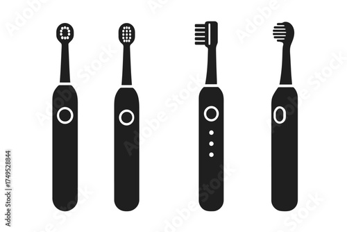 Silhouette of four electric toothbrushes in a row on white background