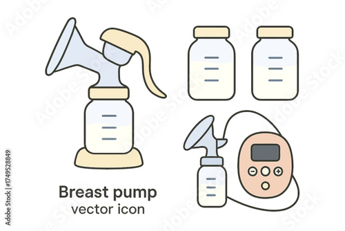 Breast pump icon set with manual and electric pumps and milk storage jars