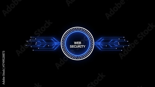Glowing neon line HUD circle with web security circuit board and electronic details on dark backdrop with dotted halftone effect.Futuristic Circuit Board. Circuit Footage.