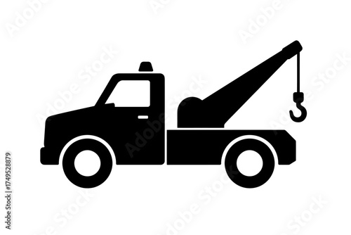 Silhouette of tow truck with hook and crane arm for vehicle recovery
