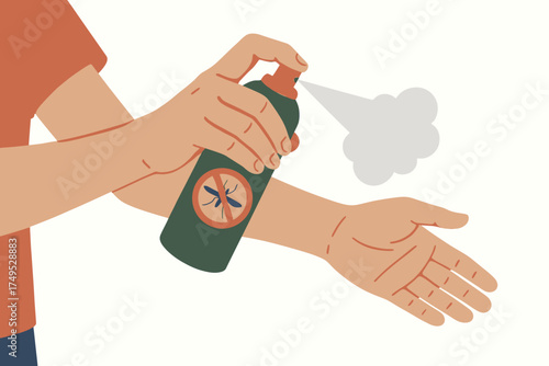 Person applying insect repellent spray on arm for protection