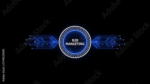 Glowing neon line HUD circle with b2b marketing circuit board and electronic details on dark backdrop with dotted halftone effect.Futuristic Circuit Board. Circuit Footage.
