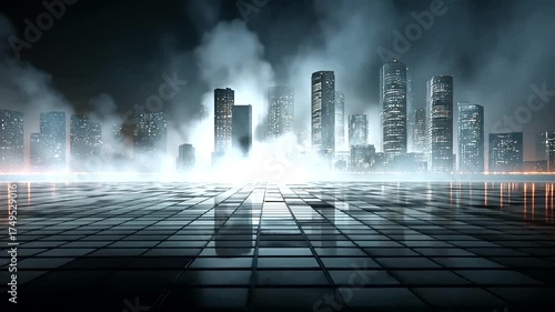 Ethereal Cityscape with Mist and Reflections at Nighttime