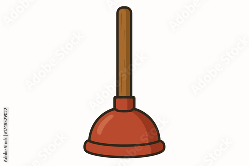 Simple wooden-handled toilet plunger illustration with red rubber cup