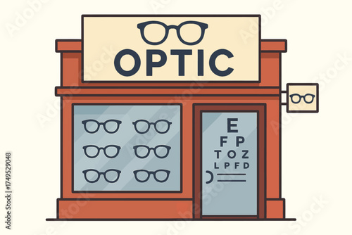 Optic storefront design with glasses and eye chart signage