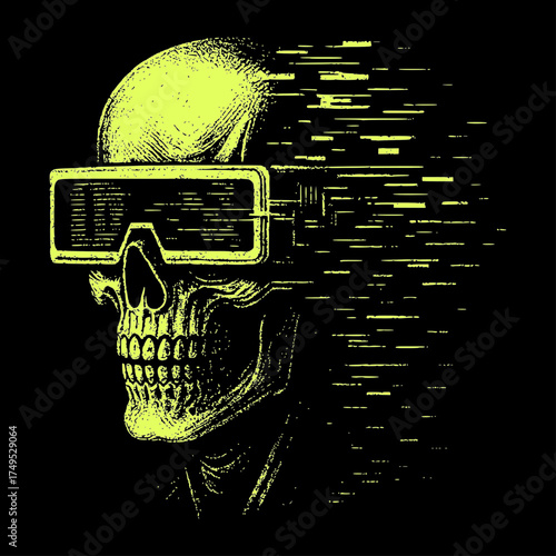 Dark brutalist vector art of a cyber skull wearing digital visor with glitch effects, cyberpunk, skull, glitch, brutalism, digital, futuristic, tech, dark, vaporwave, abstract, yellow, neon