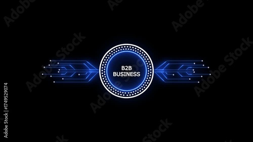 Glowing neon line HUD circle with b2b business circuit board and electronic details on dark backdrop with dotted halftone effect.Futuristic Circuit Board. Circuit Footage.
