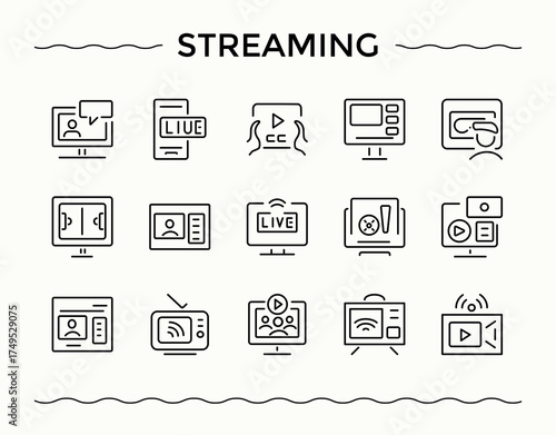 Streaming icon set. Live Streaming icons for ui designs. Modern linear icons. Stream vector line icon set. Editable stroke. Vector collection.