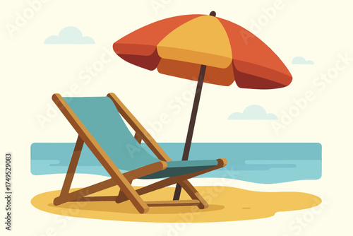 Colorful beach scene with deck chair and sun umbrella on sandy shoreline