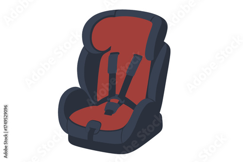 Red and black child car seat with safety harness on white background