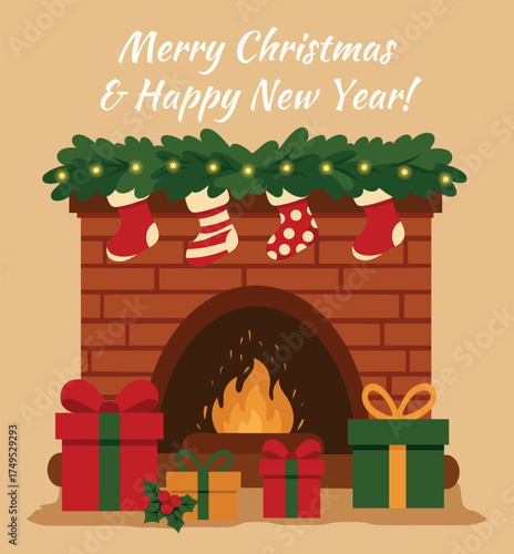 A cozy winter vector illustration with a burning fireplace, gifts, christmas stockings. Warm atmosphere of Christmas, New Year, a winter evening, family comfort. For cards, greetings, social media