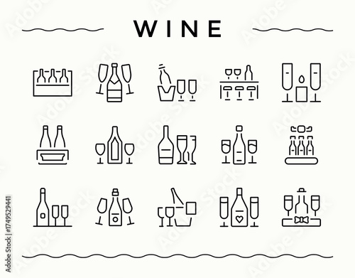Wine icon. Pack of bar, drink, alcohol, celebration, wine glass. Beverage icon collection. Thin linear style icons. Editable stroke. Pixel Perfect.