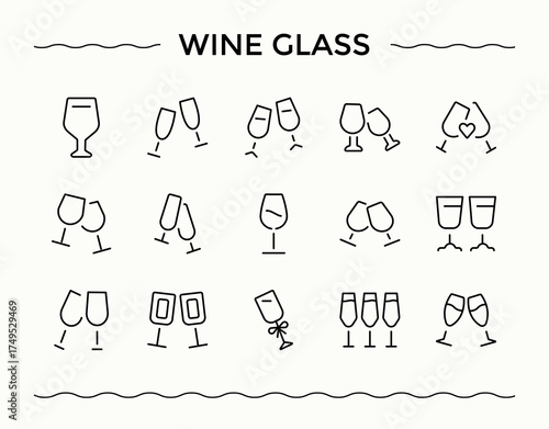 Wine Glass icon set. Alcohol icon set. Thin line icons set. Containing celebration, wine, bar, alcohol and more. Editable stroke. Vector illustration.