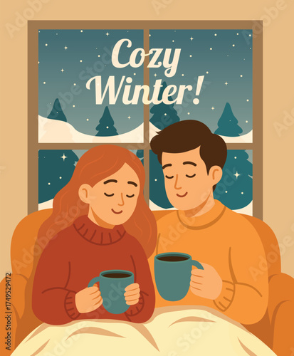 A cozy Christmas winter illustration a man and woman sitting under a blanket with mugs of hot cocoa. A warm, homey atmosphere filled with love, comfort. Use for cards, greetings, social media posts