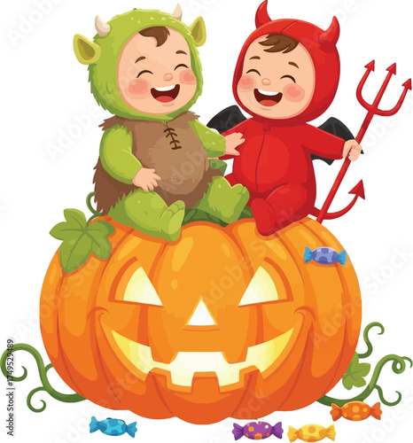 Adorable Babies in Halloween Costumes Devil and Monster Sitting on Jack o Lantern with Candy Perfect for Holiday Marketing Design
