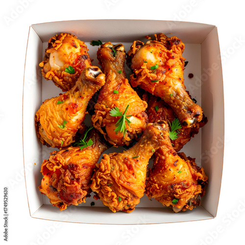 Overhead shot of crispy fried chicken drumsticks in a white cardboard container