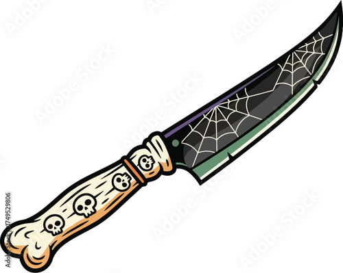 Creepy Halloween Knife with Cobwebs and Bone Handle Spooky Illustration for Horror and Scary Themes