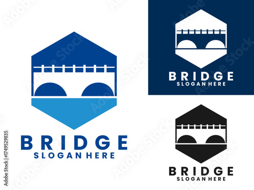 bridge with hexagon and sea logo design vector template