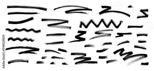 Graffiti brush stroke vector set. Black crayon wave and zig zag lines mixed with ink, paintbrush and charcoal. A collage collection of comic drawing elements Ideal for street graffity collage