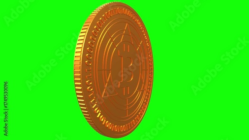 Bitcoin isolated gold coin spinning on green background, alpha channel, slow motion 3d chroma key
